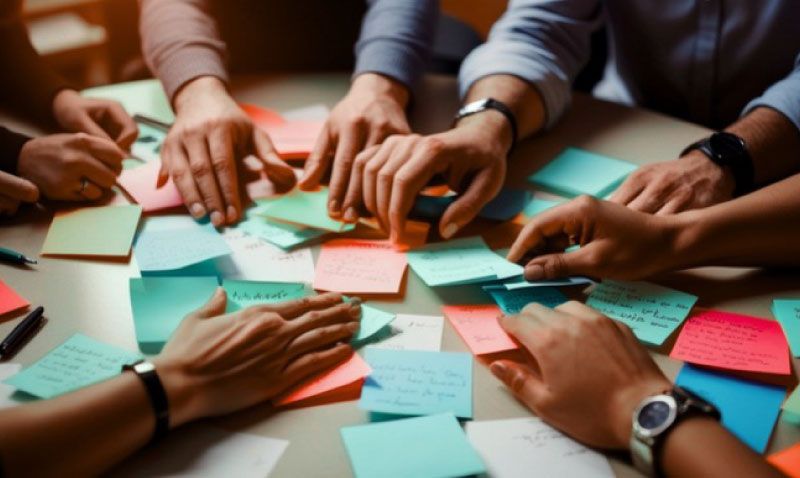 Viele Hände greifen auf einen Tisch mit zahlreichen Post-its zu